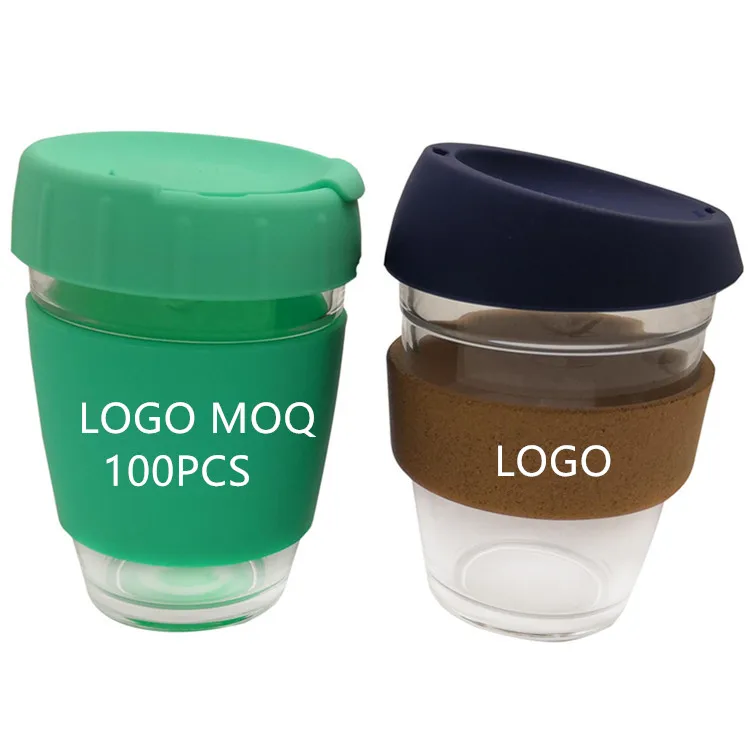 

BLX Custom Logo High Material 350ml 12oz Travel Mug with Lid Silicone Sleeve or Cork Reusable Keep Glass Borosilicate Coffee Cup, Green/red/black/pink/grey