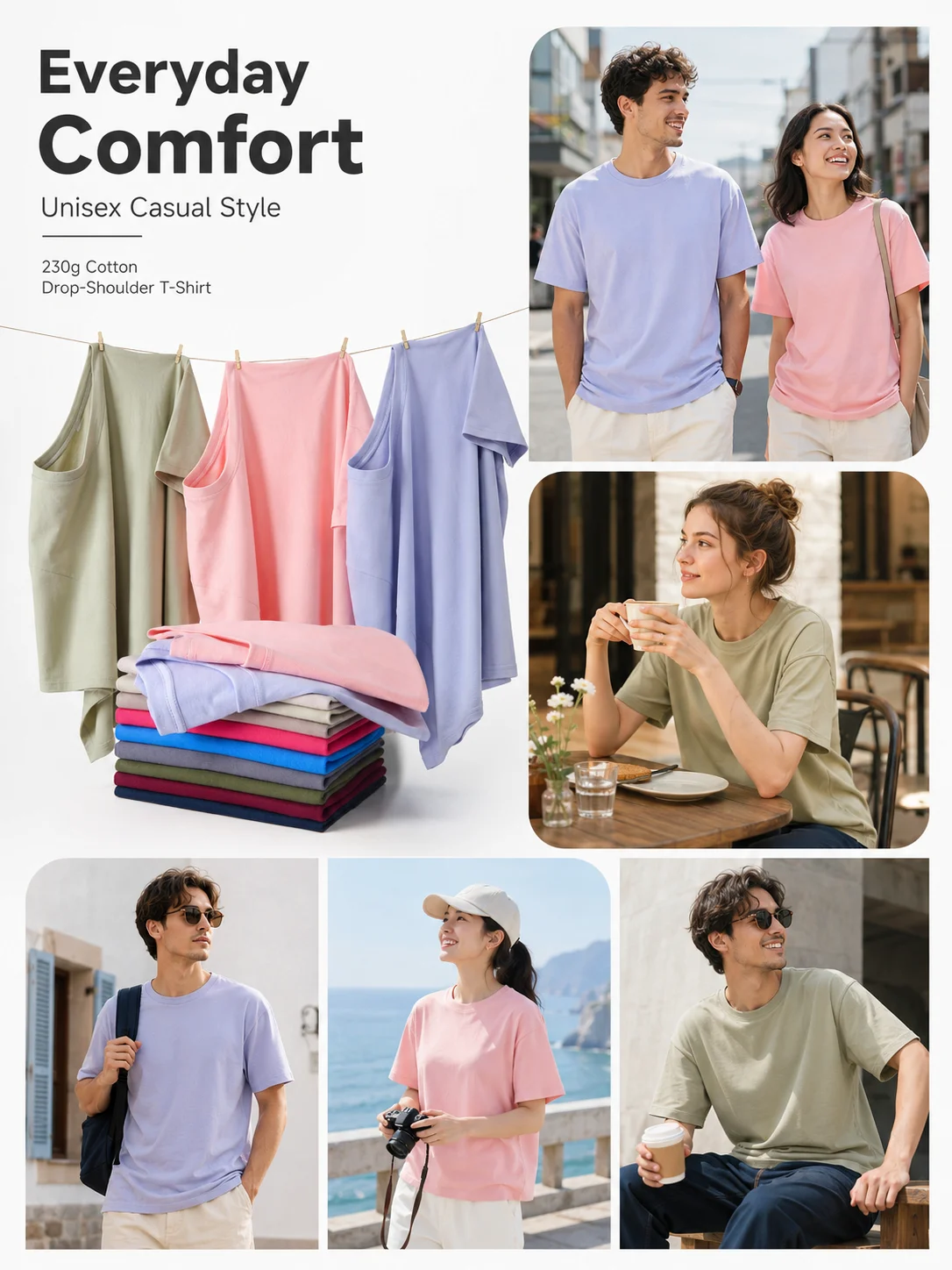 230GSM Cotton Drop Shoulder T-Shirt Oversized Relaxed Fit Crew Neck Casual Unisex Blank OEM