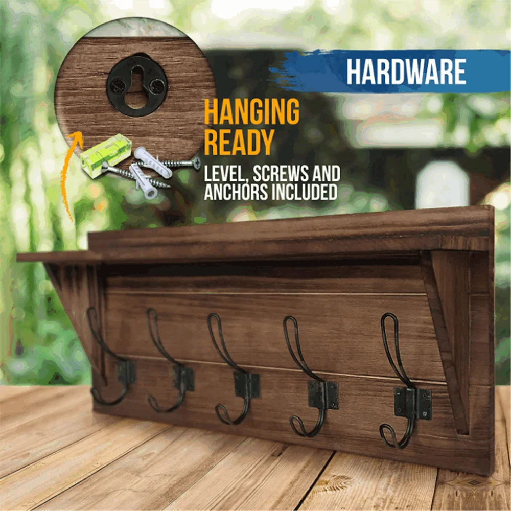 Country rustic style brown solid pine wood with 5 hooks best selling key rack vintage wall coat rack coat rack wall