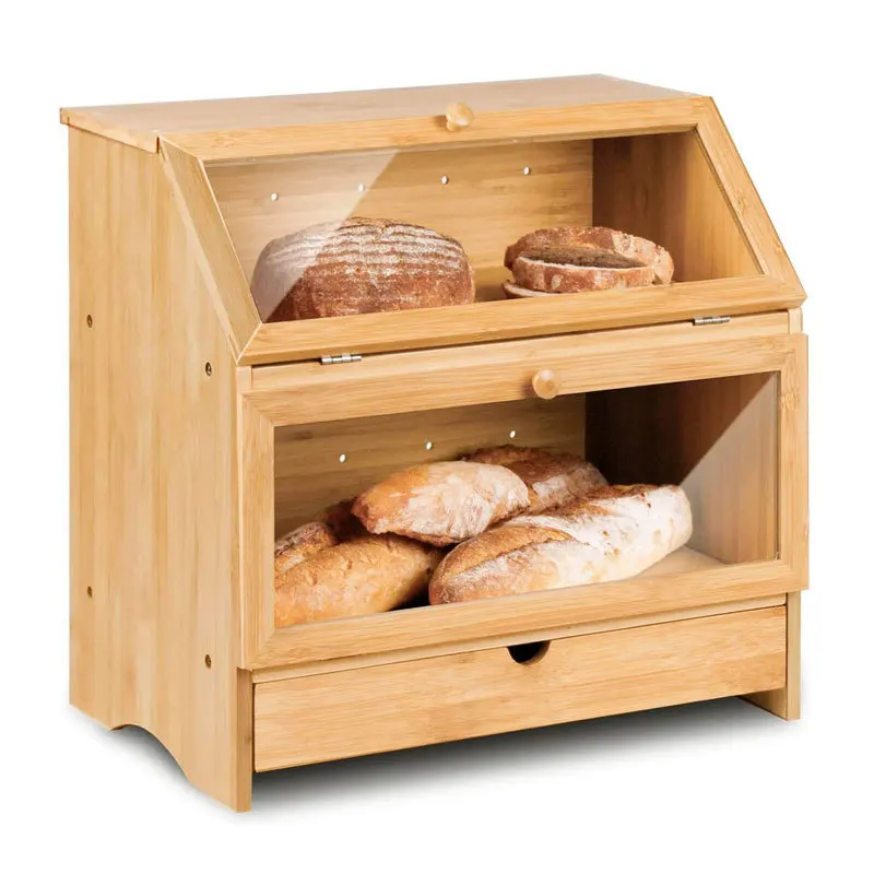 Bamboo Corner Bread Box Double Layers Wood Bread Bin For Kitchen Bamboo