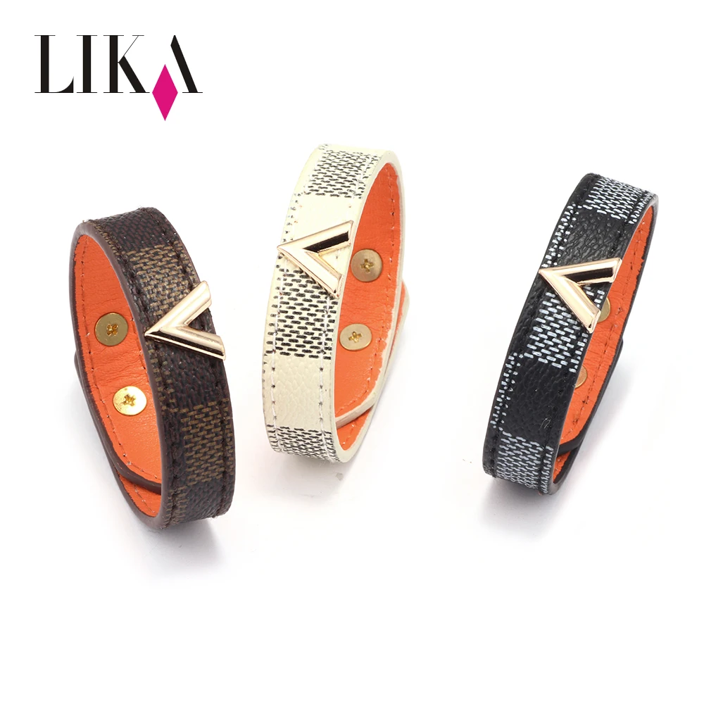 

LIKA New fashion alloy V shaped lattice leather PU adjustable metal buckle bracelet for man or woman