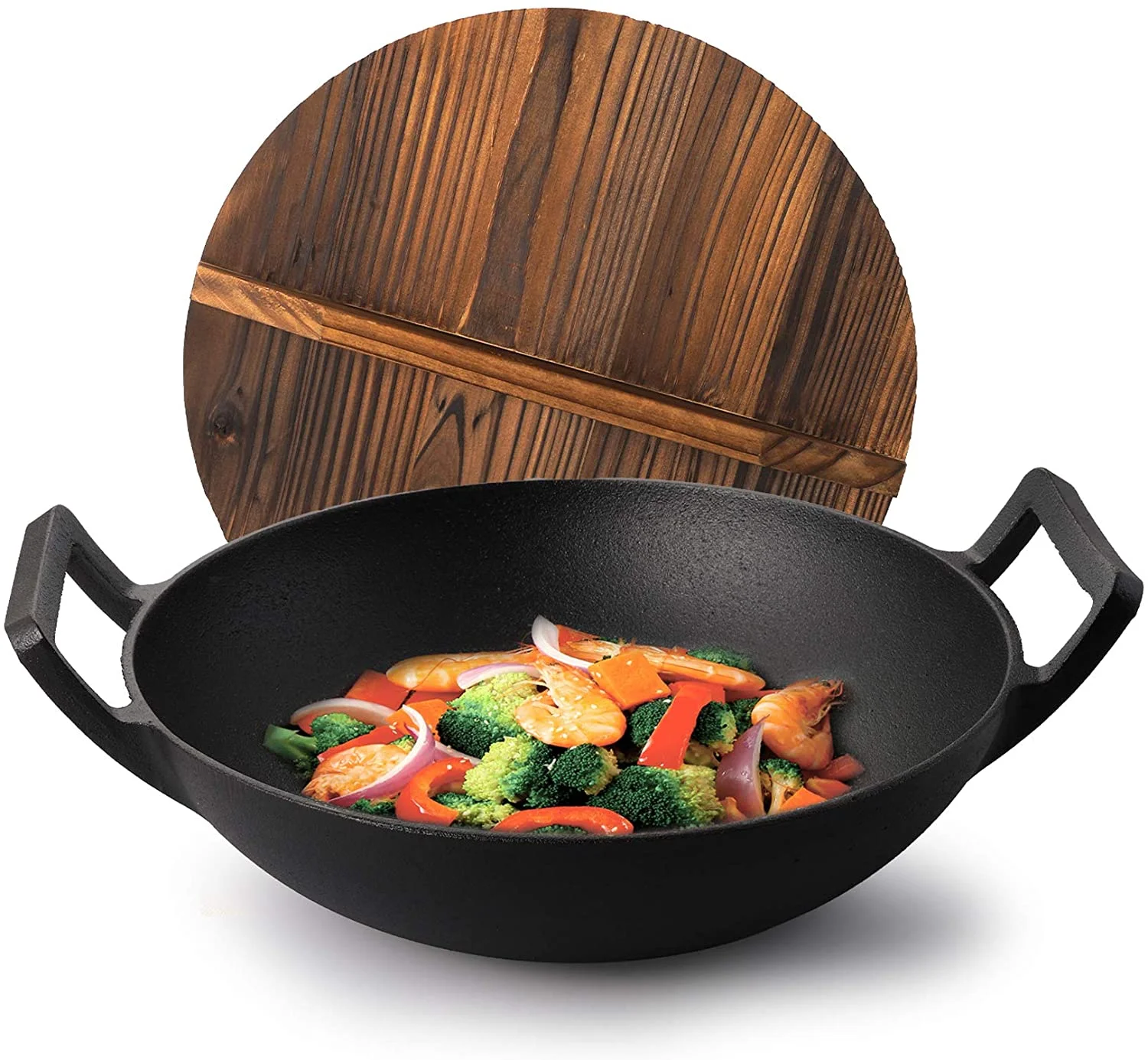 Preseasoned Cast Iron Large Wok Pan Double Handle Wooden Lid