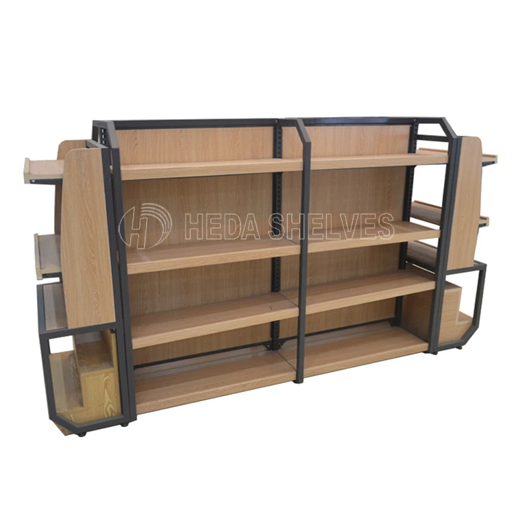 Retail Store Wood Shelving Supermarket Display Metal Shelf And Grocery
