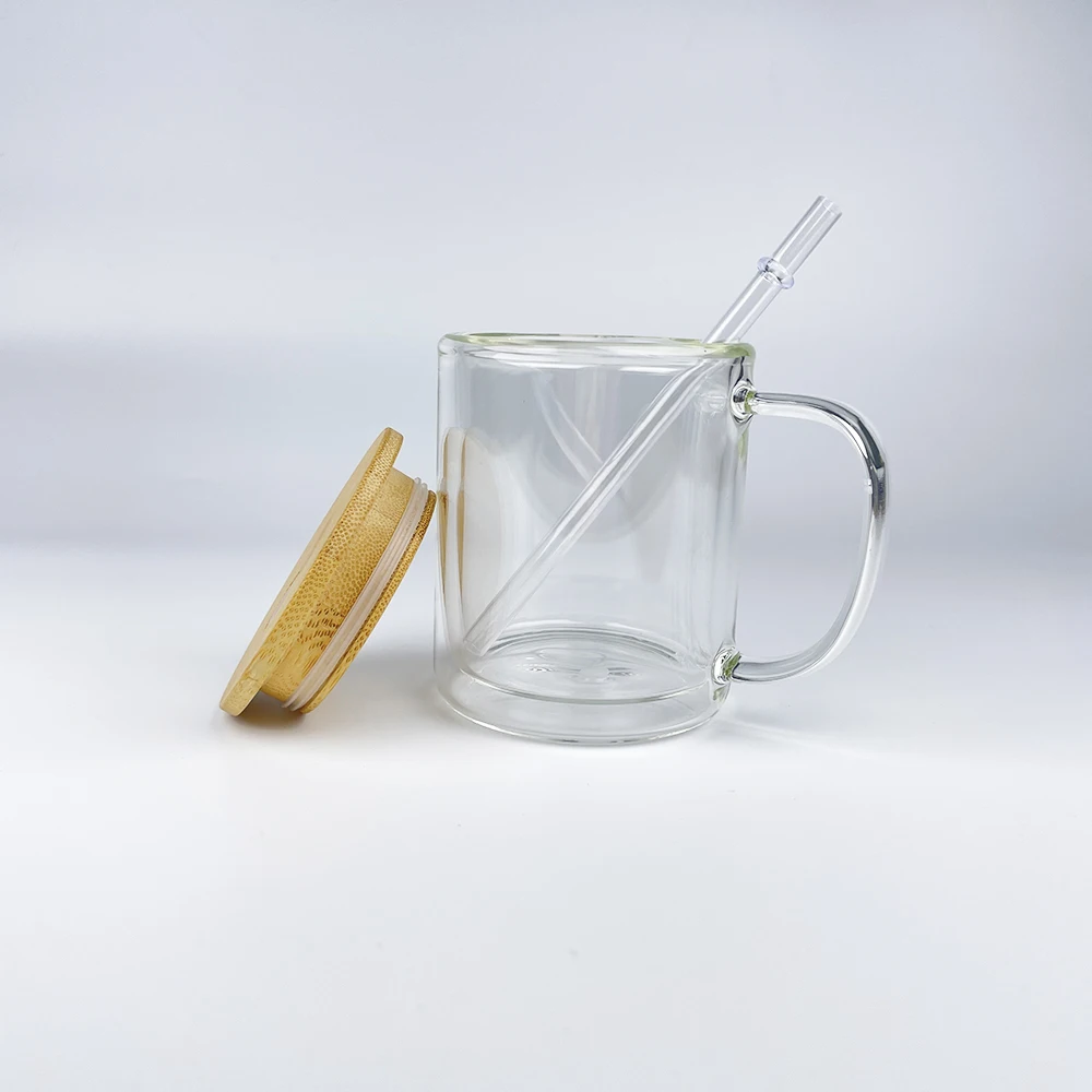 Us Warehouse Ts Double Wall Crystal Clear 9oz Sublimatable Glass Coffee Mug With Bamboo Lid 9972