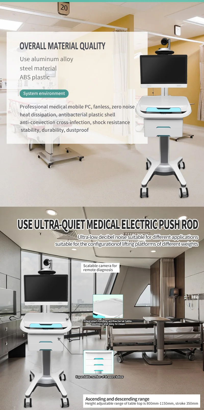 product laptop medical tablet mobile hospital computer ward trolley telemedicine carts with battery wheels-62