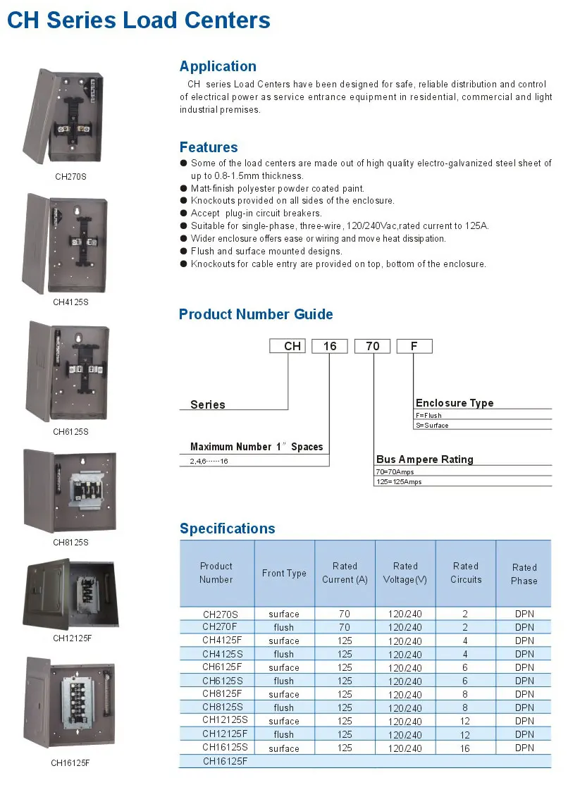 Breaker Panel Box 8 Space 125A CH8L125SP Surface CH8L125FP Flush Loadcenter 1 Phase Single Phase Main Lug Load Center