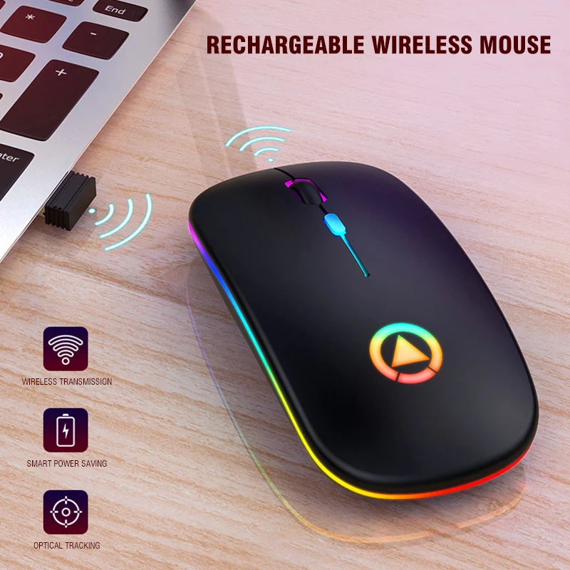 Thin Slim 2.4G Optical Computer Mouse 1600 DPI Adjustable RGB Gaming Mouse Rechargeable Wireless Mouse
