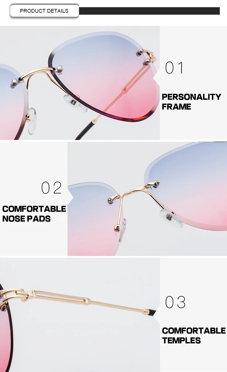 Most Popular Rimless Gradient Color Ladies Designer Unisex Eyewear Pilot Female Sunglasses