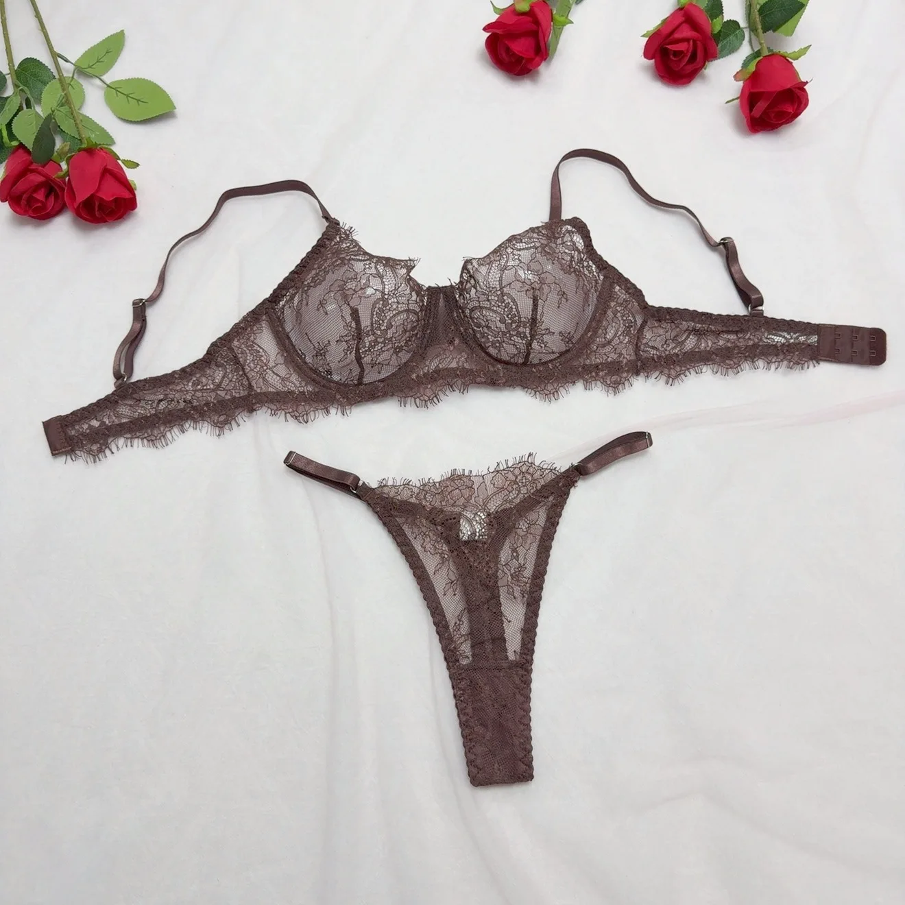 Wholesale Women's Lace Lingerie Set Eyelash Trim Underwire Sheer Bra ...