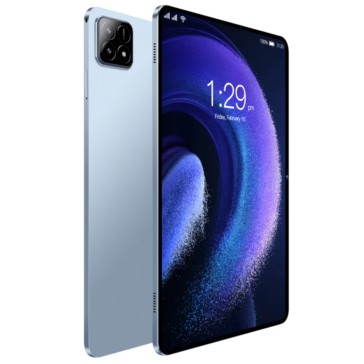 Side-by-side comparison of 10.1-inch tablet with notebook and smartphone showing ergonomic grip and screen real estate