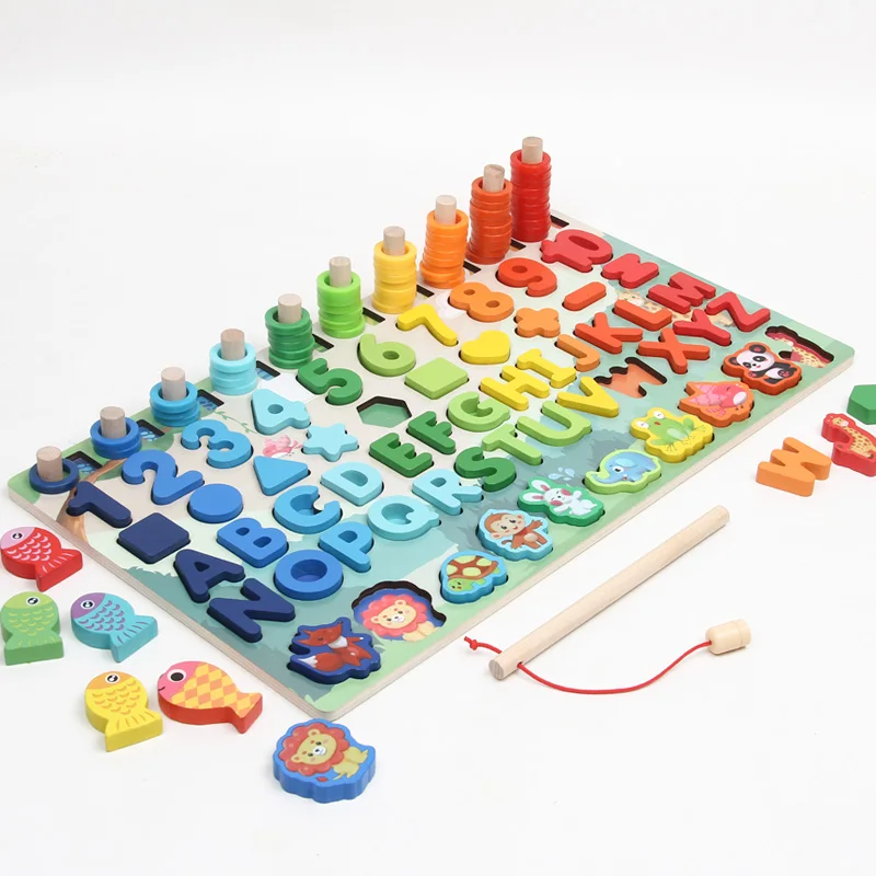 

Customize Alphabet letter count geometric Fishing game toys with building block wooden toys math manipulatives educatio,2 Boxes, Picture