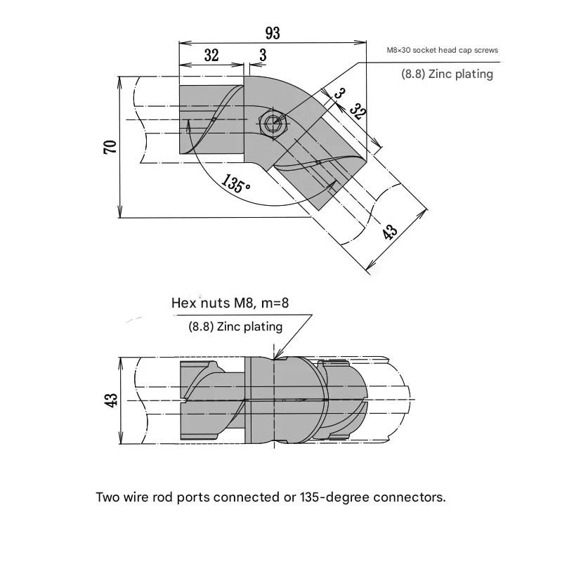 product 43mm series 135 degree internal connector third generation lean pipe aluminum alloy connector profile work trolley-14