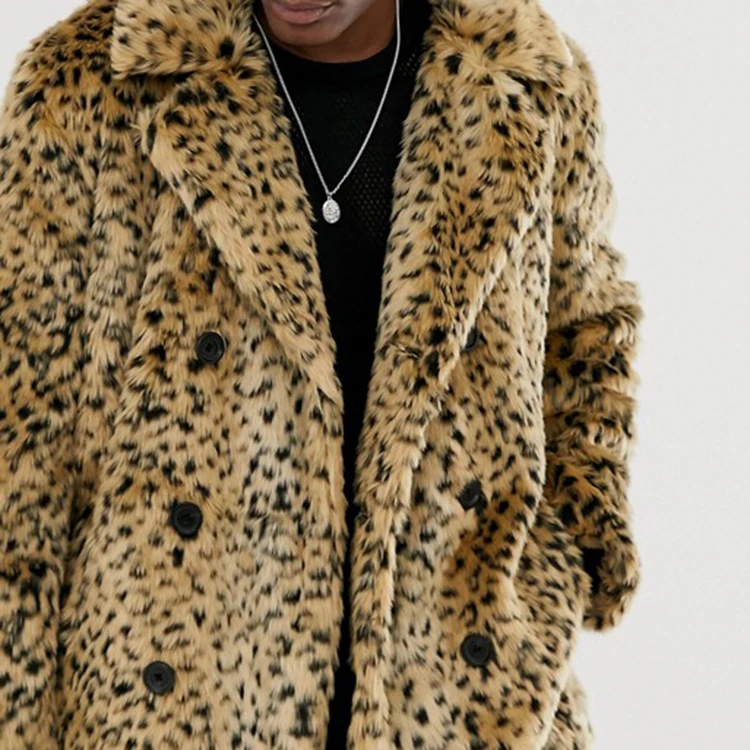 Custom Winter Men Coat Double Breasted Leopard Print Faux Fur Peacoat ...