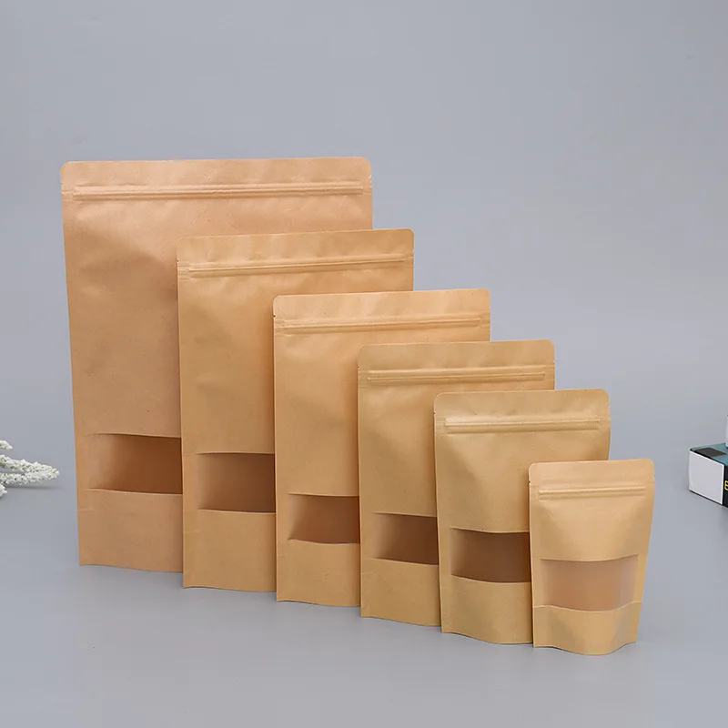Standing Zipper Bag Kraft Paper White/brown With Transparent Window