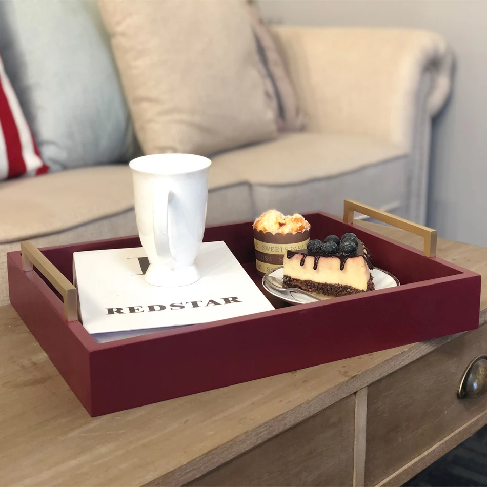 2021 New arrival decorative serving wood Ottoman tray with metal handle for living room, kitchen