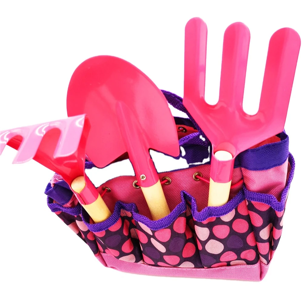 
kids DIY plant pretending in garden wood handle metal plastic tool kit shovel rake trowel tool set with tote waterproof bag 