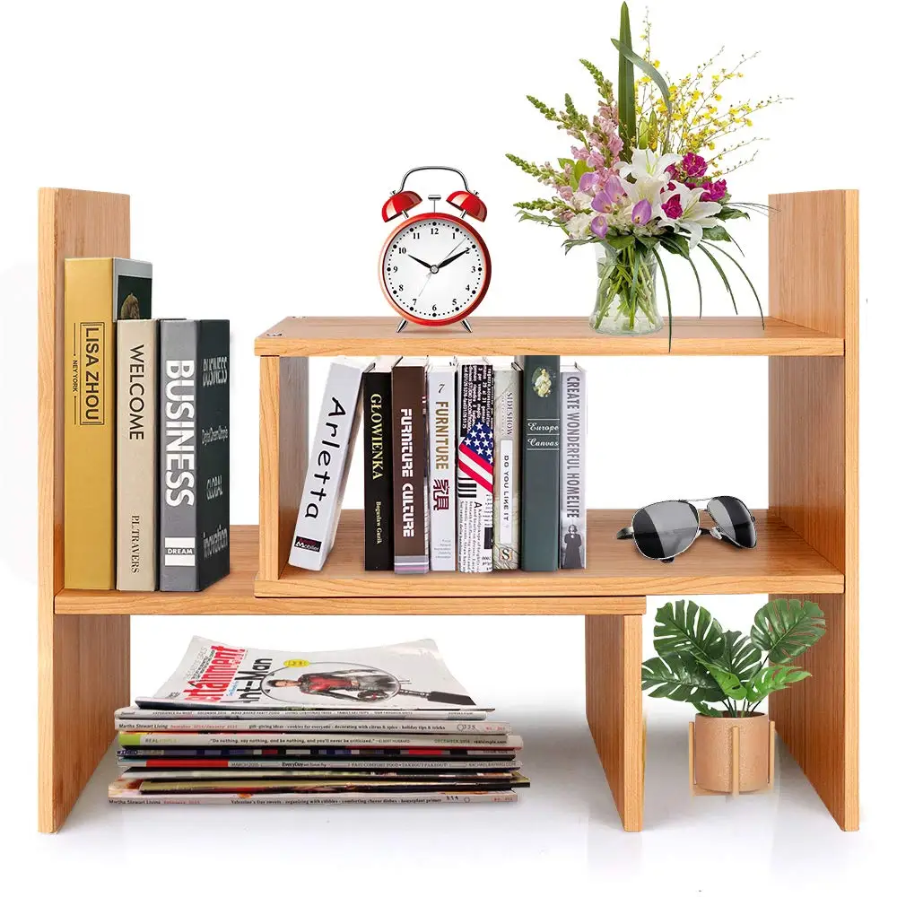 Lisuu Bamboo Adjustable Desktop Bookshelf Countertop Bookcase Adjustable Desk Organizer Desktop Shelf Rack Home Office Kitchen 