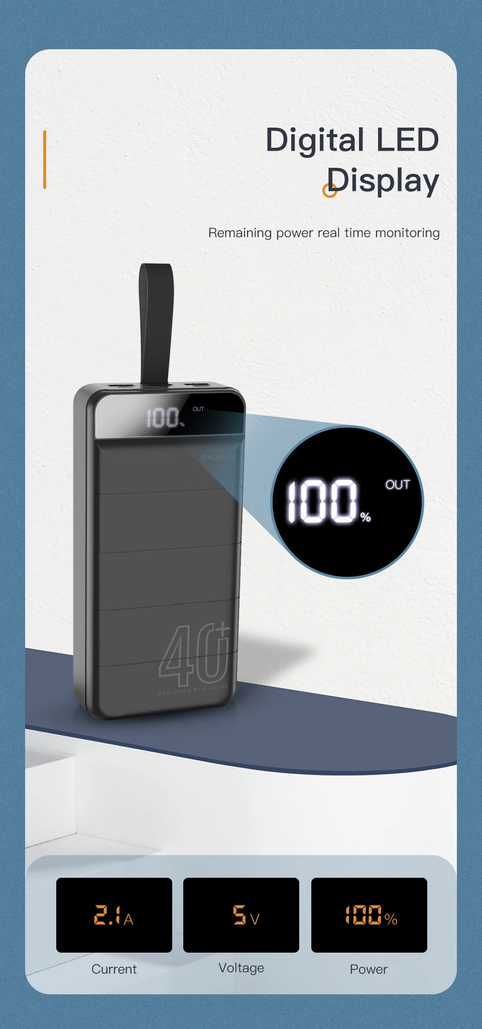 KUULAA High Capacity Camping 40000mAh Led Digital Display Portable Power Bank with Lead Light and Leather Lanyard - ANKUX.COM