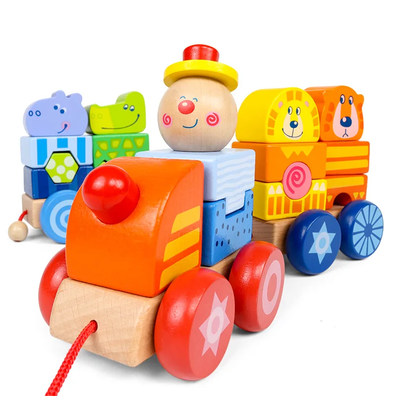 Wooden Train Toddler Toy Wood Train Pull-along & Activity Stacker For