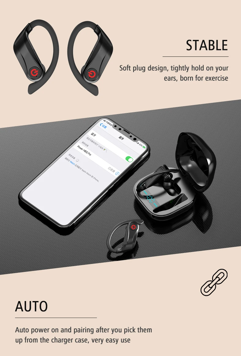 Power HBQ PRO TWS wireless earphones Bluetooth 5.0 earburds Stereo Sport headphones 950mah case Waterproof ear hook Headsets - ANKUX.COM