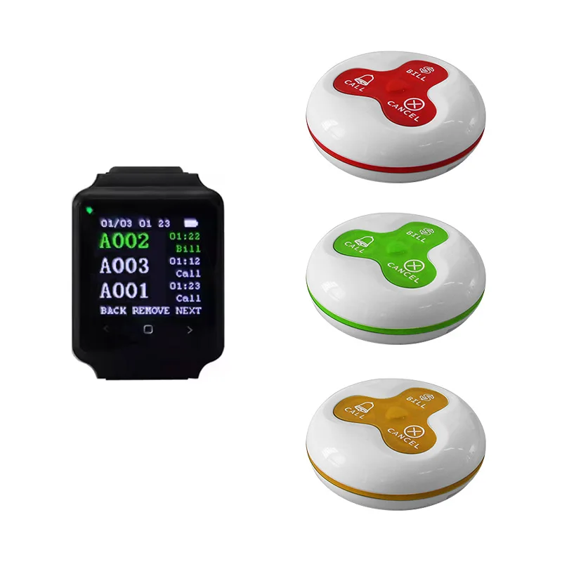 Wireless restaurant pager receiver showing numeric table ID and vibration indicator