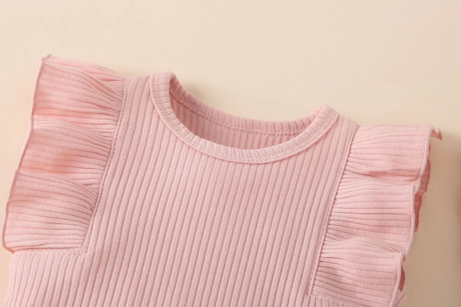 Summer Newborn Baby Girl Ribbed Clothes Sleeveless Solid Flutter Ruffle Romper+bummies Bloomer