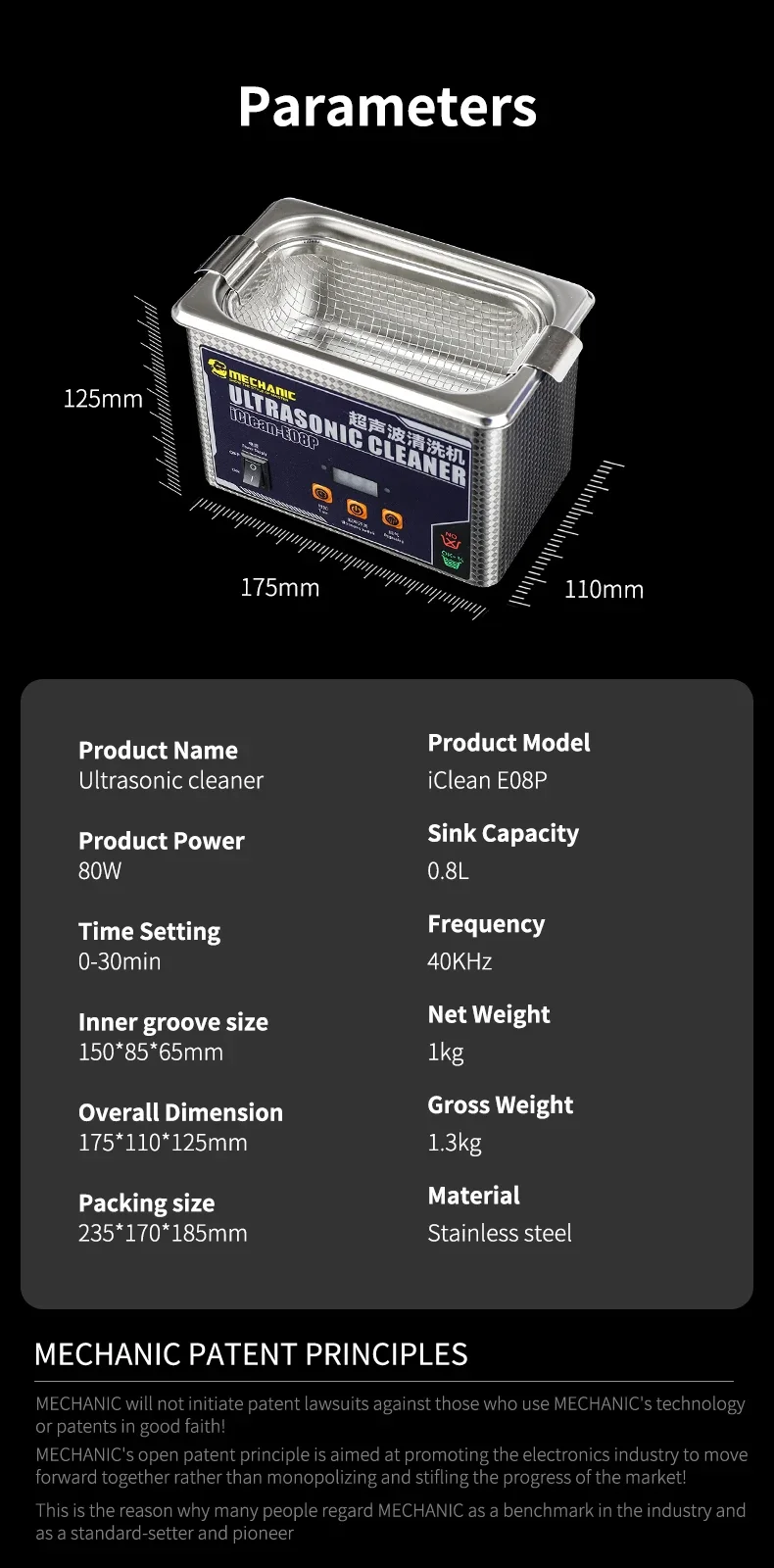Mechanic iClean-E08P Ultrasonic Cleaner For Phones Motherboard Camera Glass Black Spot Cleaning Machine