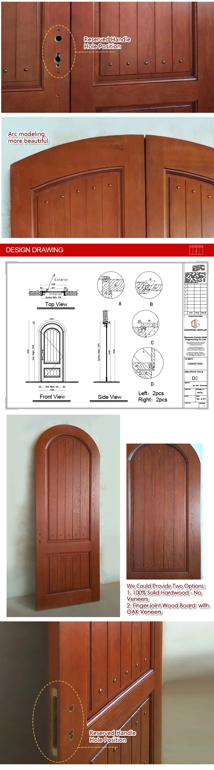 Manufacture direct Vintage and  top quantity import red oak wood double entry main door design cheap house door