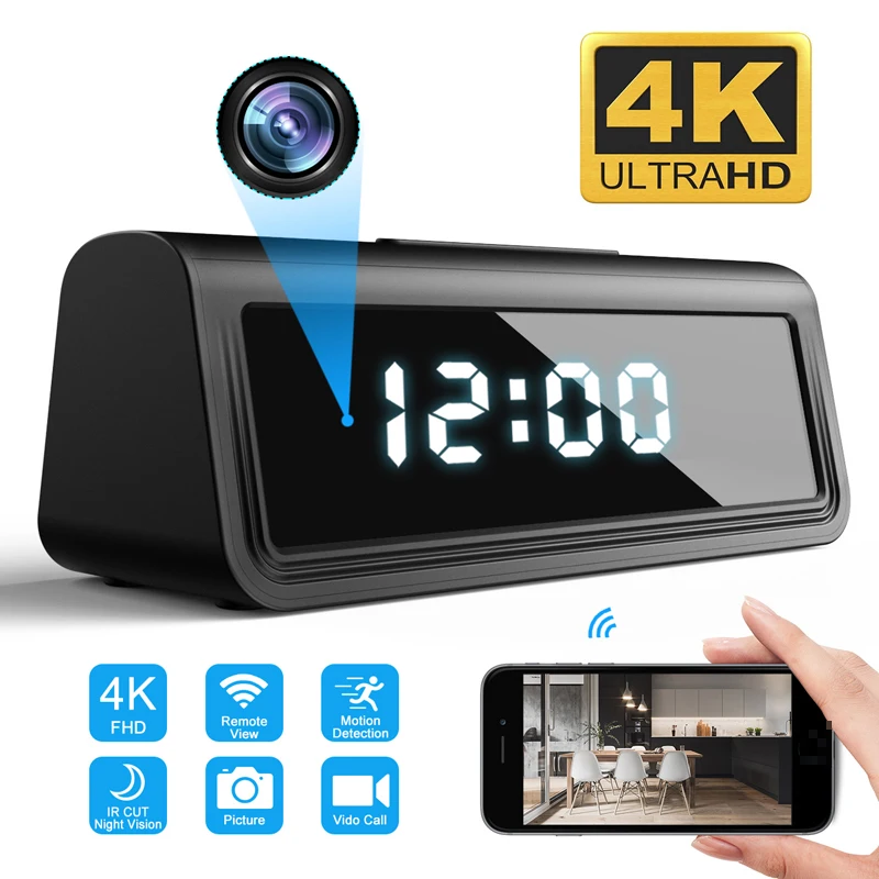 Wireless table  clock IR Night Vision mini dvr camcorder app remote 4K 1080P wifi hidden spy Camera alarm clock