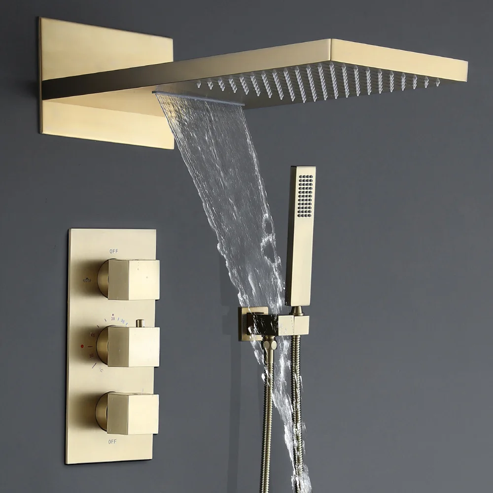 Brushed Gold Shower System With Waterfall Tub Spout Shower Faucet Set Buy Shower System 