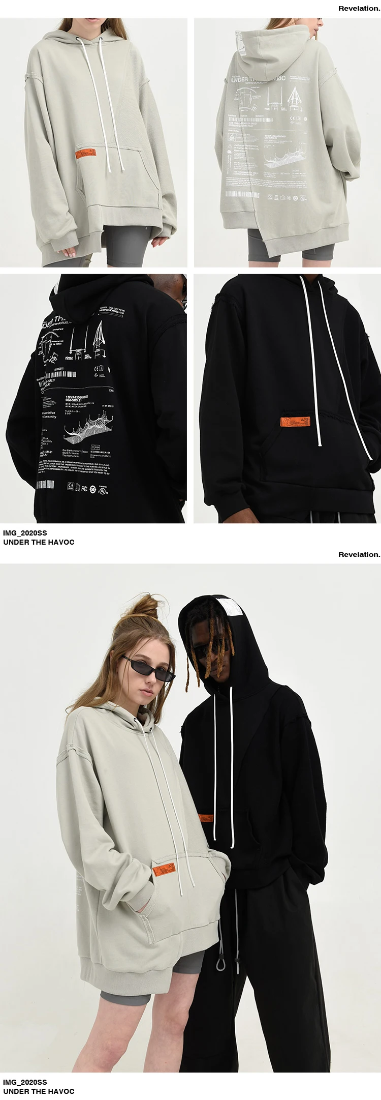 HARSH spring fashion street style cotton printed mens clothing patchwork drop shoulder pullover hoodies for couples