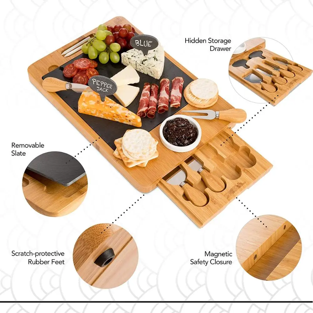 Bamboo Slate Cheese Board Set With Cutlery And Drawer Charcuterie