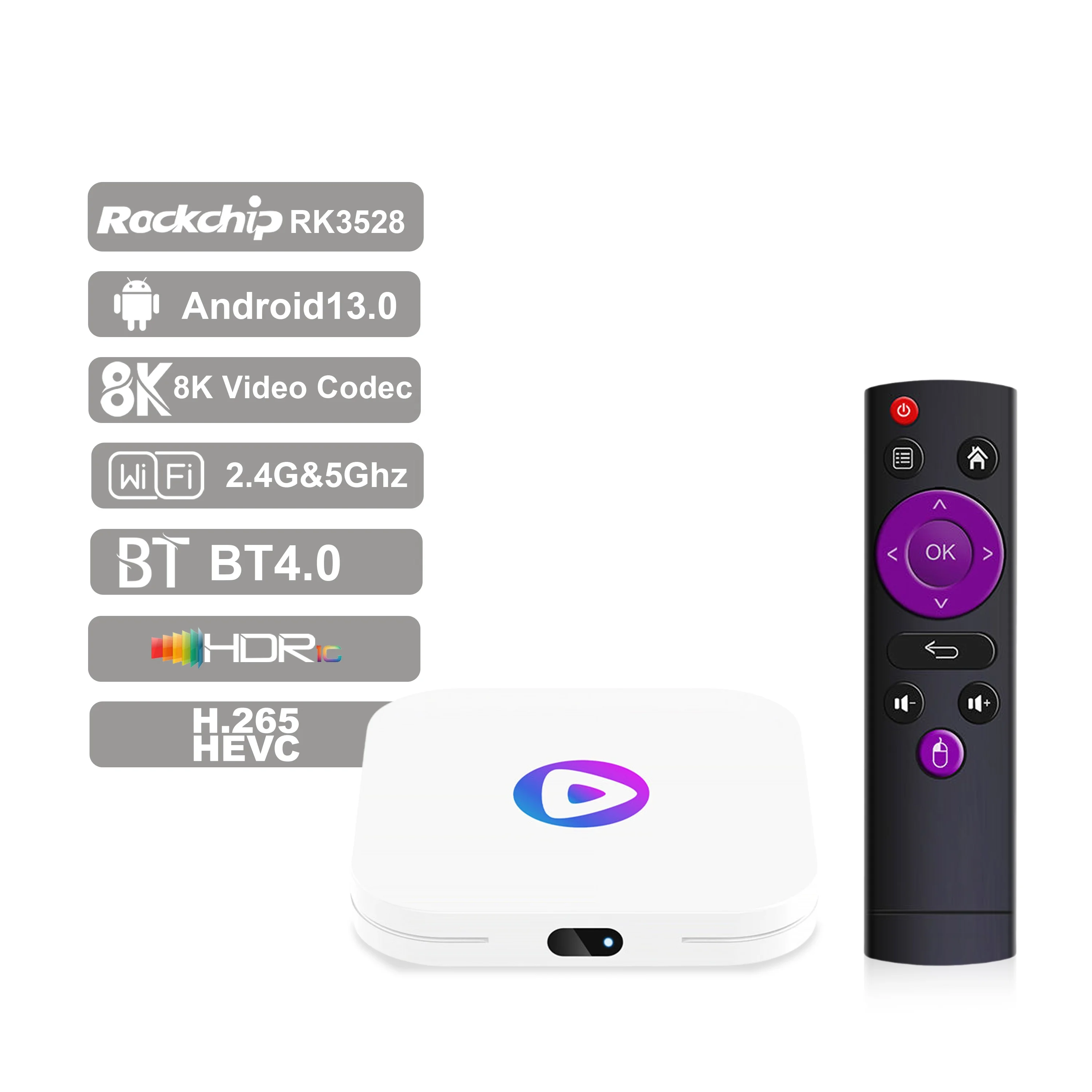 Front view of a compact black IPTV decoder with HDMI port, USB-C, and status LED