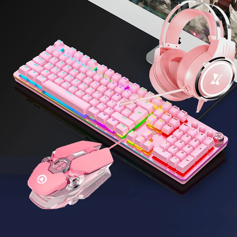 Pink Real Mechanical Keyboard And Mouse Set With Blue Switch Cute Girls ...