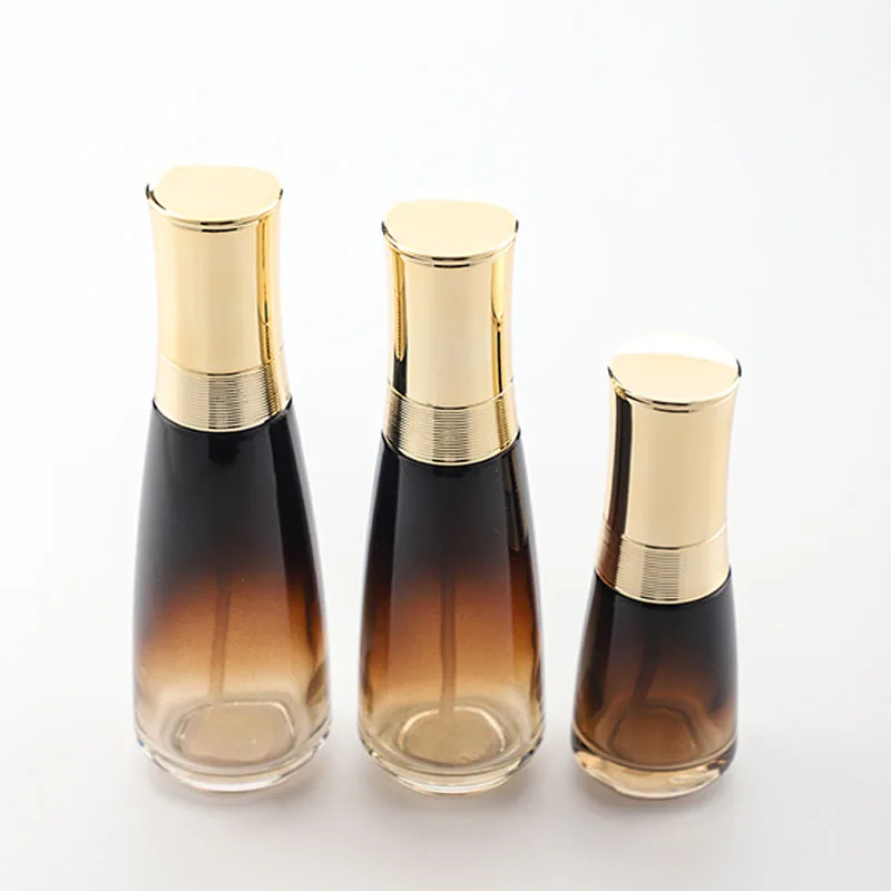 Cosmetic glass bottle set -- luxury skincare  packaging container manufacturer--new design with pump&spray&gold cap supplier