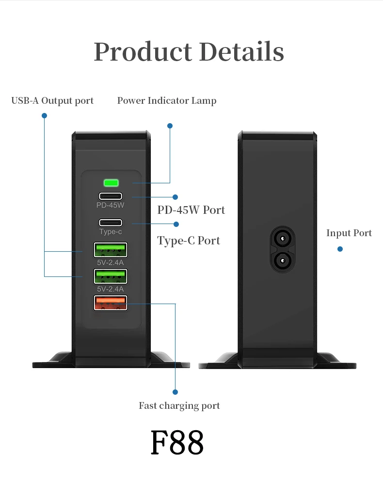 Multiple PD 75w Desktop 5 USB Ports  Charger Qi Fast Travel Adapter for Mobile phone