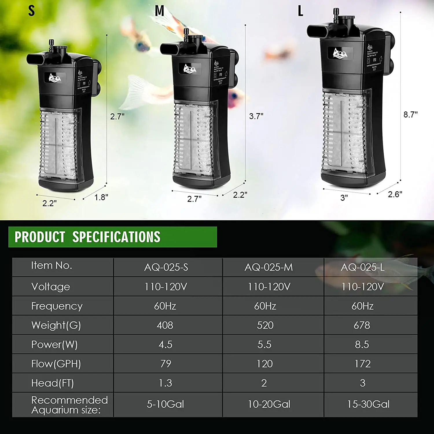 Aqqa Aquarium Internal Filter And Submersible Power Filter Intank With