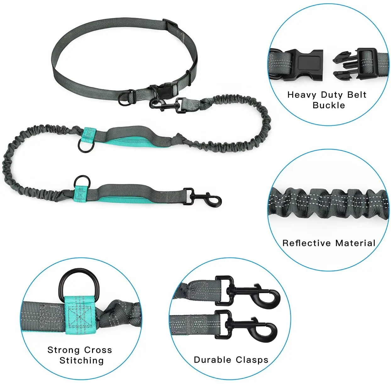 Retractable Hand Free Handsfree Dog Leash With Dual Bungees Adjustable