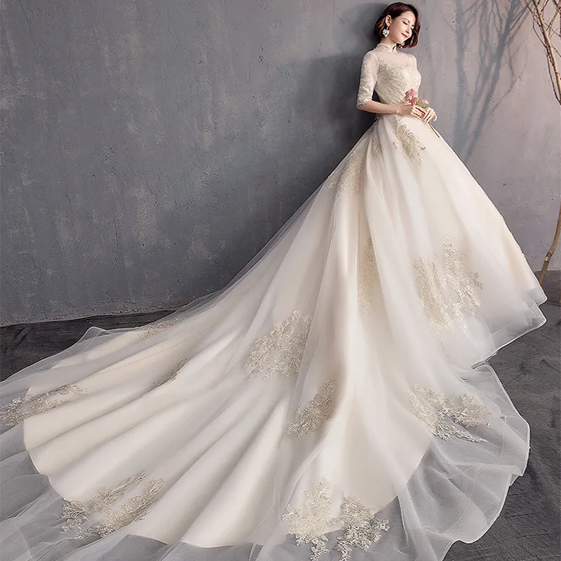 2019 High Neck Lace Half Sleeve Light Champagne Lace Wedding Gown Vintage Bridal Gown with long tail