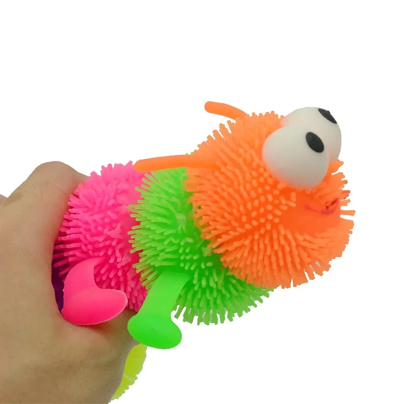 7 Light Up Soft Rubber Colorful Worms With Eyes Caterpillar Puffer Toy