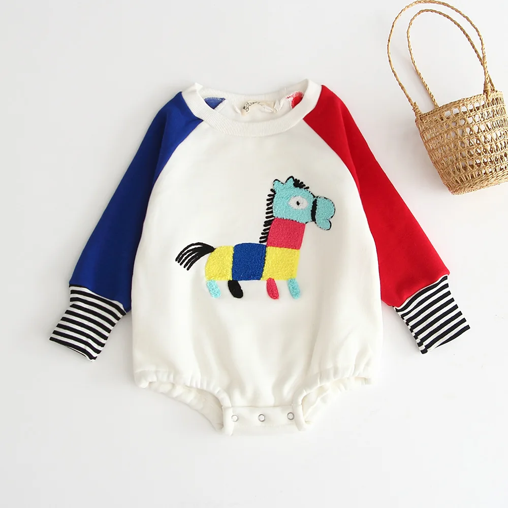 Baby Winter Clothes Infant Cartoon Horse Patchwork Thick Bodysuit for Winter Toddler Boy Girl Outfit Long Sleeve Onesie