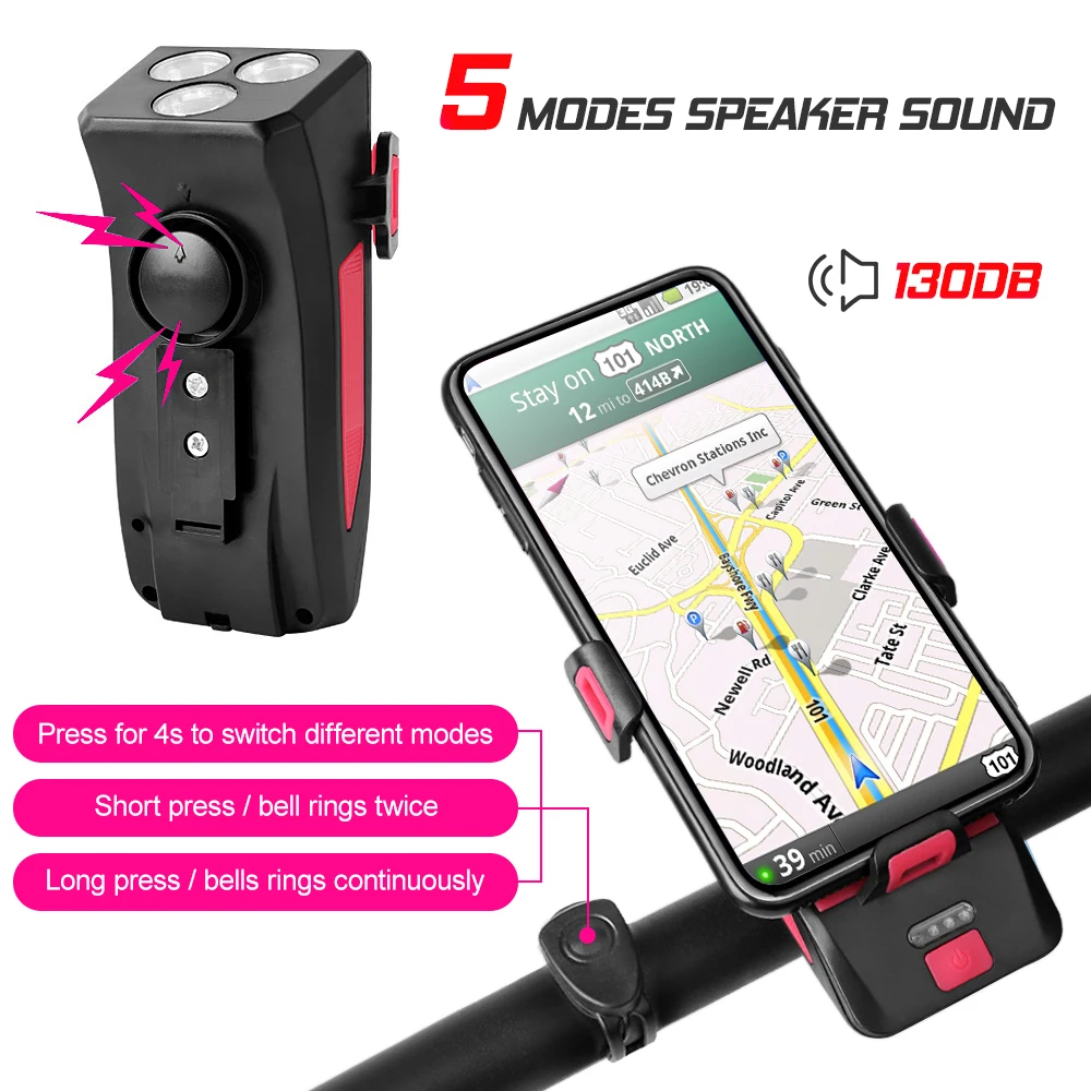 4 in1 Bicycle Mobile Phone USB Charging Treasure Rack Holder Headlight Speaker Bike Phone Support Bracket Alarm Bell Front Light supplier