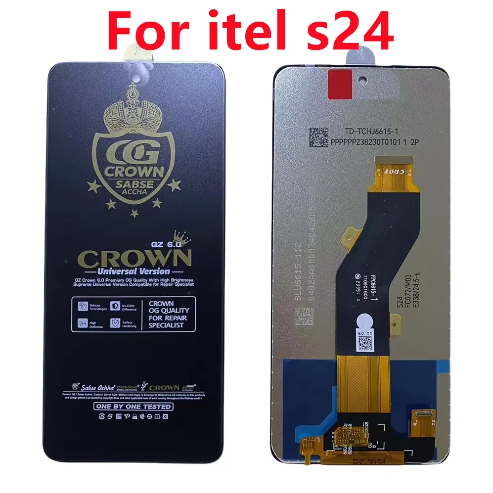Side-by-side comparison of Itel S24 OEM vs. third-party LCD showing bezel gap and backlight uniformity