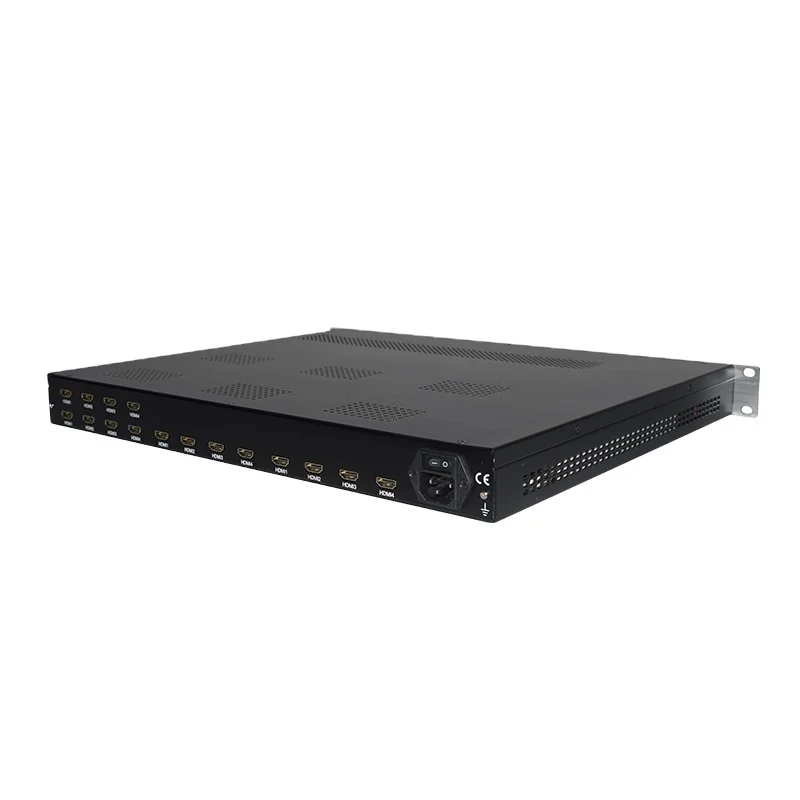 Front panel view of IPTV encoder with status LEDs, network ports, and SDI input connectors