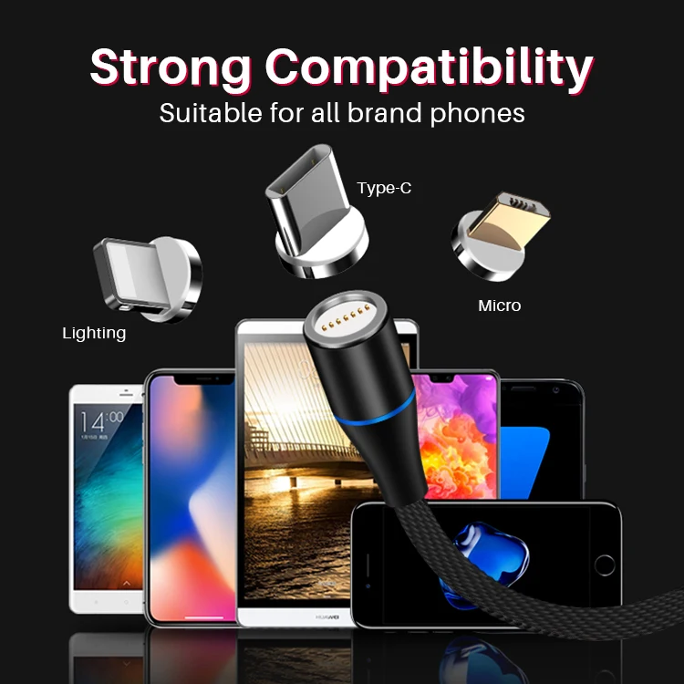 Braided 360 Degree LED Round Fast Charging Mobile Phone 3A 5A And Data Usb Cable Micro Type-C 3In1 3 In 1 Magnetic Charger Cable - ANKUX.COM