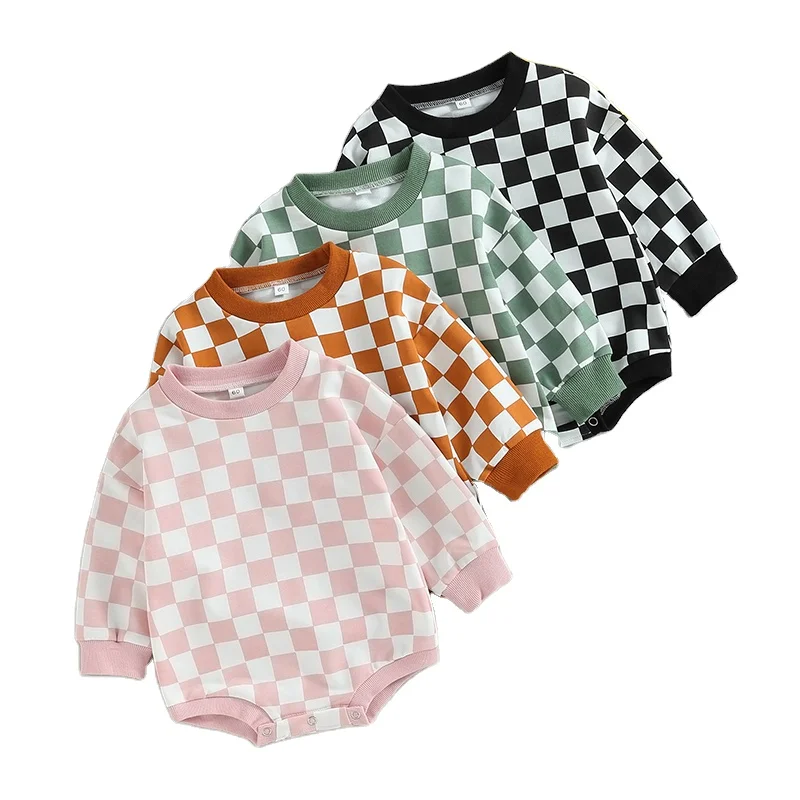 2023 Fall Retro Checkerboard Baby Boy Girl Oversized Sweatshirt Romper