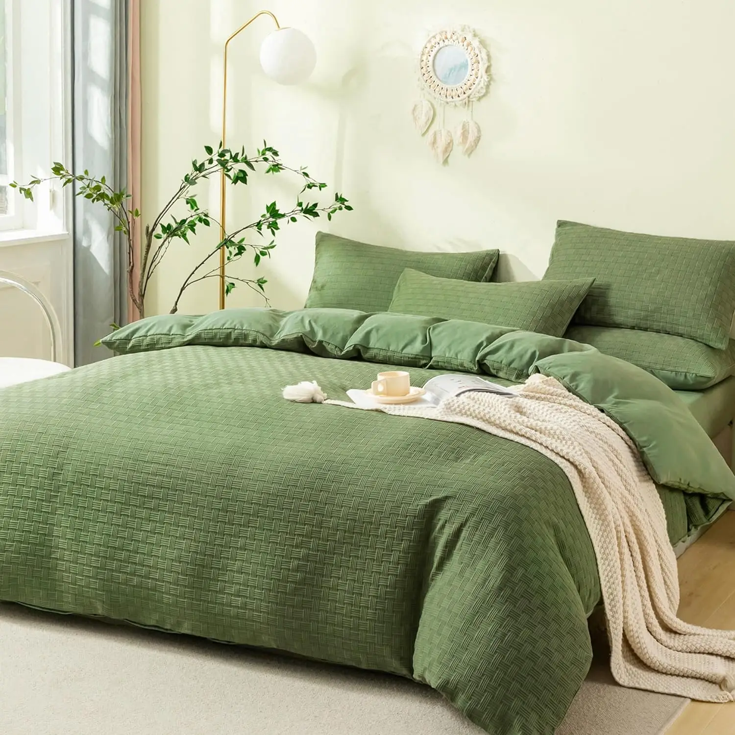 Queen Size Green Microfiber Duvet Cover Set 100% Cotton Bedding Waffle Weave for Home or Hotel supplier