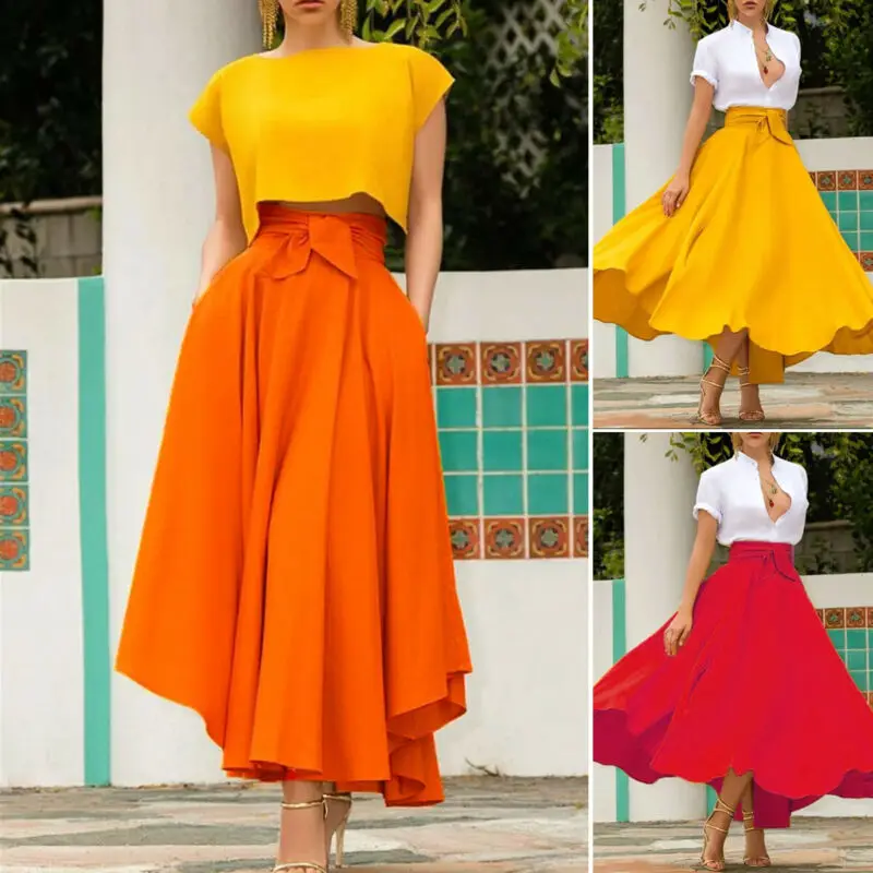 Women High Waist Skirts Solid Color Flared Pleated Long Maxi Gypsy Maxi Skirt Female Plus Size Full Length Skirts Costume S 2XL Alibaba