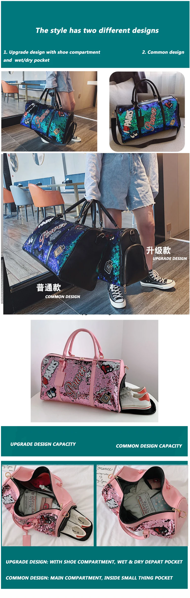 Details about   Gym Bag Fitness Sport Bang Sequins Letter Design Waterproof Handbag For Women 