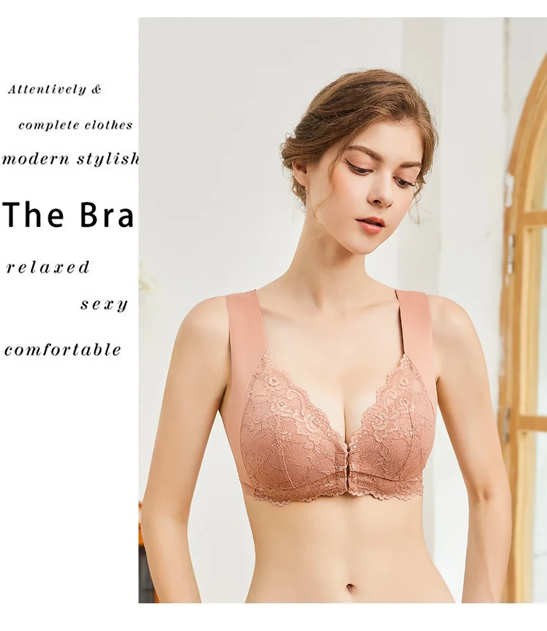 Cross-Border Ladies Seamless Thin Bra Large Size Front Opening Buckle Sexy Lace Steel Ring Back Customizable Cup Wholesale